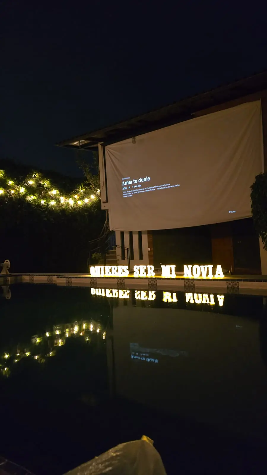 Las letras ¿Quieres ser mi novia? encendidas y reflejadas en la alberca de noche